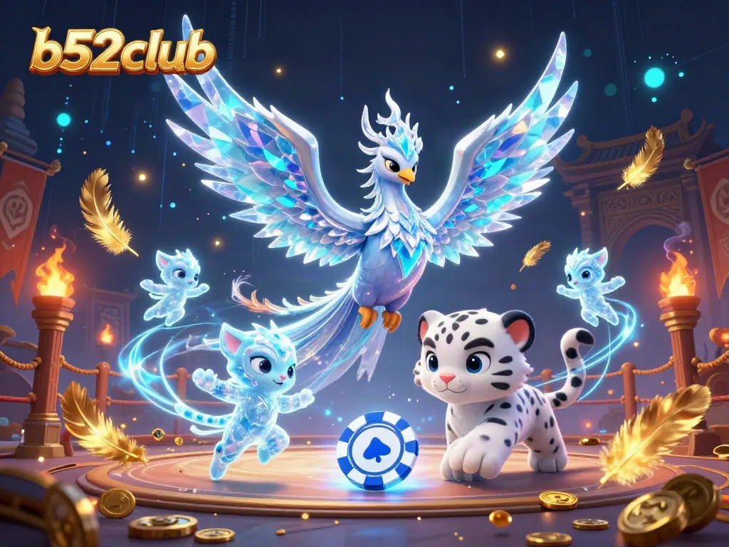 Experience the thrill of b52club with a magical illustration of a phoenix and playful characters in a vibrant gaming scene.
