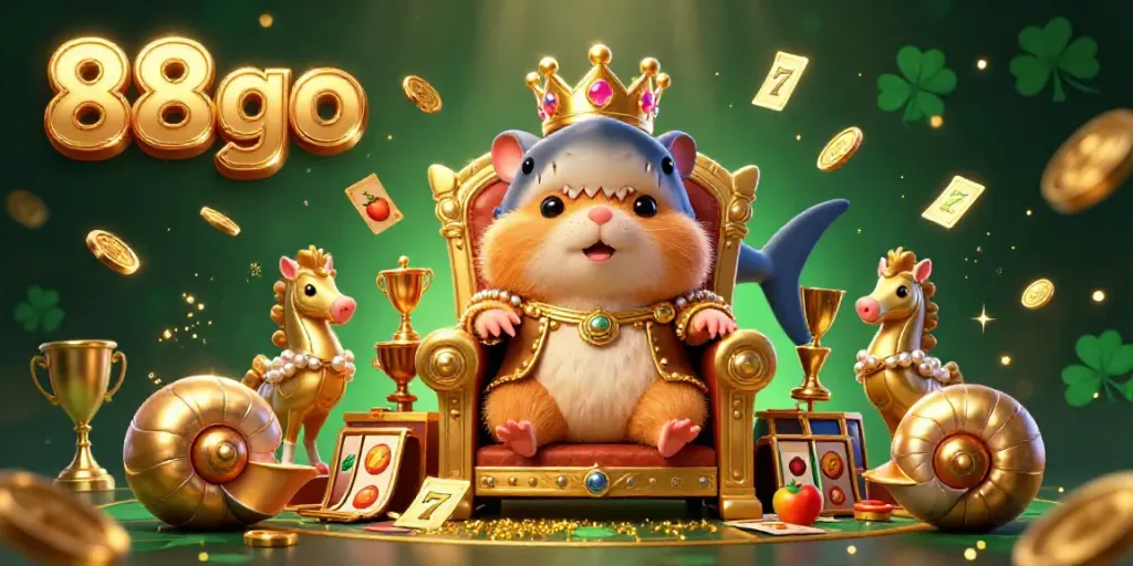 Experience thrilling gameplay with 88go as a fierce golden hamster king leads an exciting casino adventure surrounded by slot reels and gold coins.