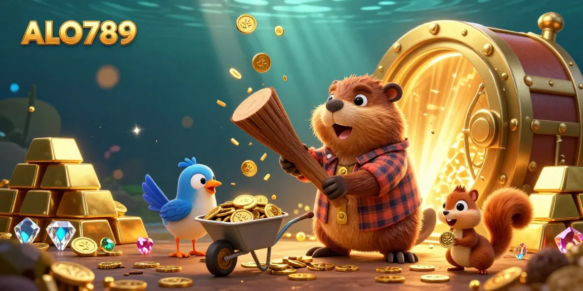 Experience ALO789's vibrant casino world with a cartoon beaver, bird, and squirrel collecting golden coins.