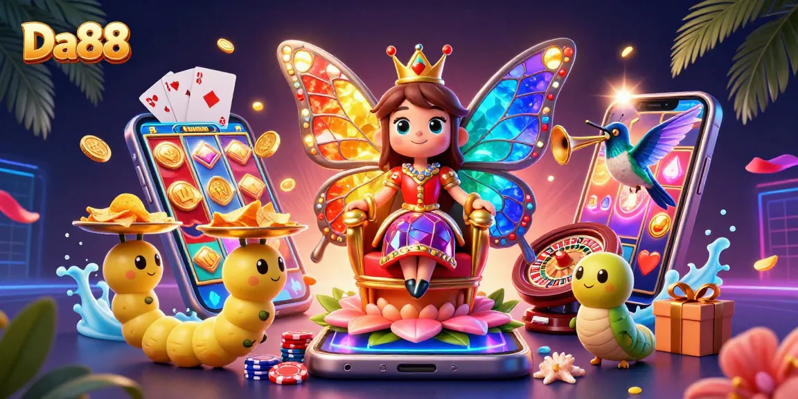 Engage in thrilling gaming with Da88—a vibrant scene of a butterfly queen, casino elements, and golden chips.