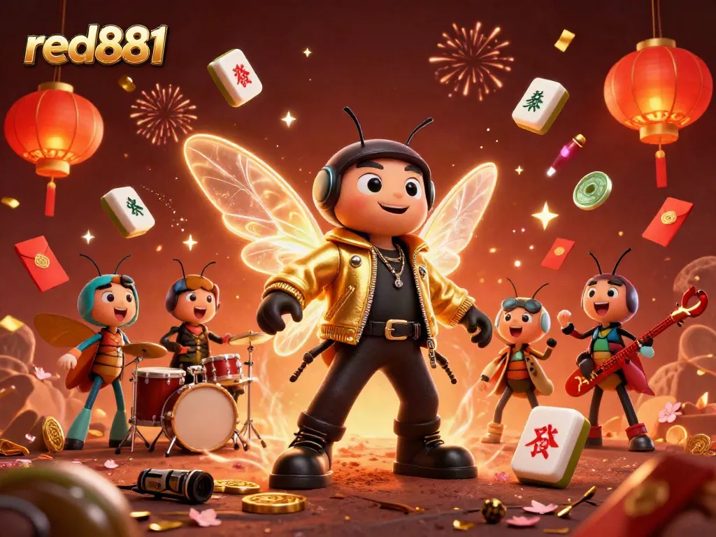 Experience the vibrant energy of red881 in this dynamic casino-themed illustration featuring a cicada rock star.