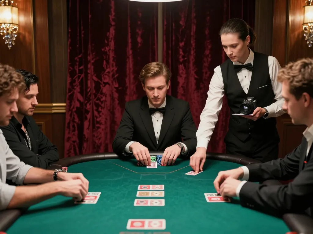 Intense poker game action at Nhà cái OXBET with elegant players and professional dealer.