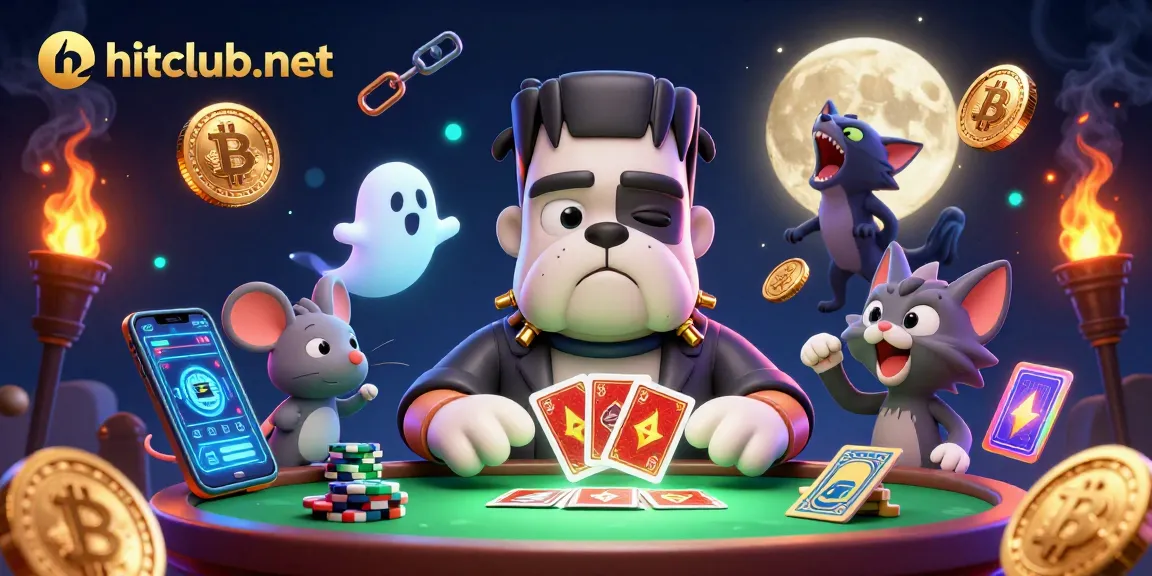 Hitclub-net showcases a vibrant scene with cartoon characters in a spooky casino, enhancing your gaming experience.