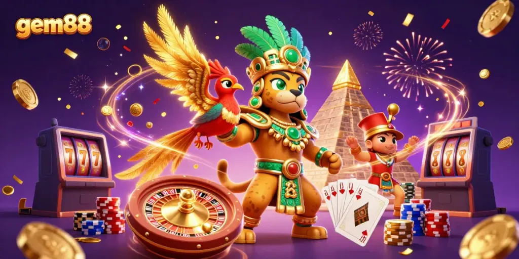 Experience the excitement of gem88 with dynamic casino elements and vivid characters celebrating