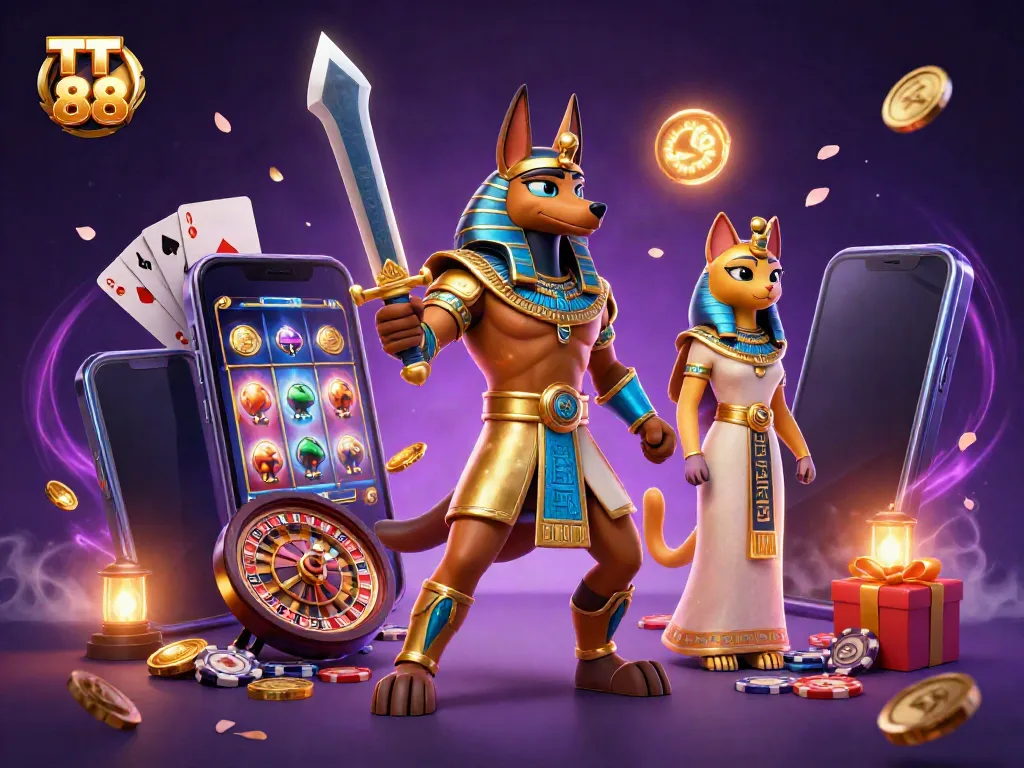 Engage with TT 88 as Anubis and Bastet bring casino games to life in this vibrant scene.