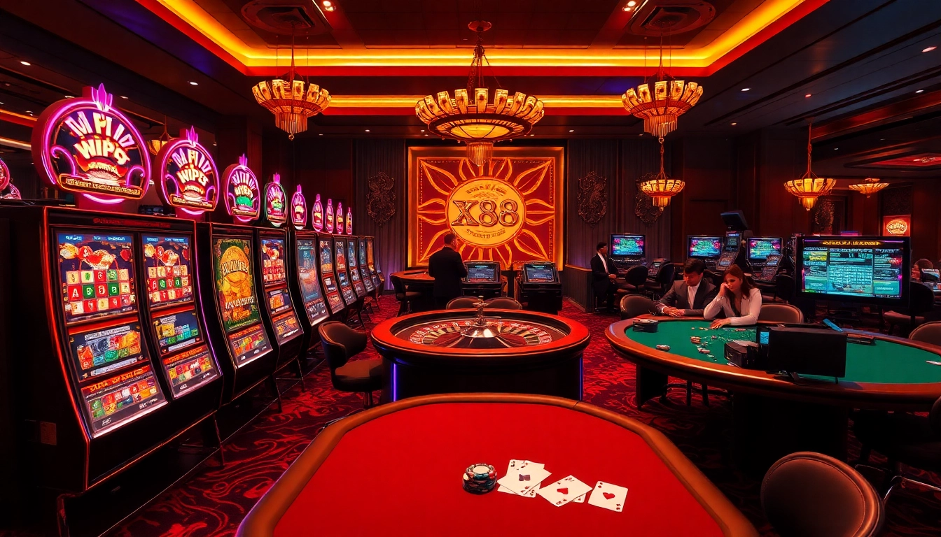 Experience the excitement of XX88 with a vibrant casino scene featuring slot machines, poker tables, and roulette wheels.