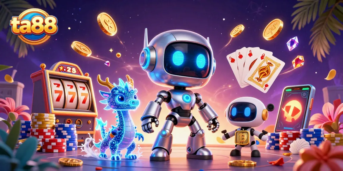 Experience the excitement of ta88 with a vibrant 3D casino scene filled with iconic gaming elements.