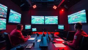 Engaging scene of sports broadcasting with announcers, microphones, and multiple screens.
