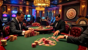 Players engaging in an intense poker game at Lu88k.com, surrounded by luxurious casino decor.