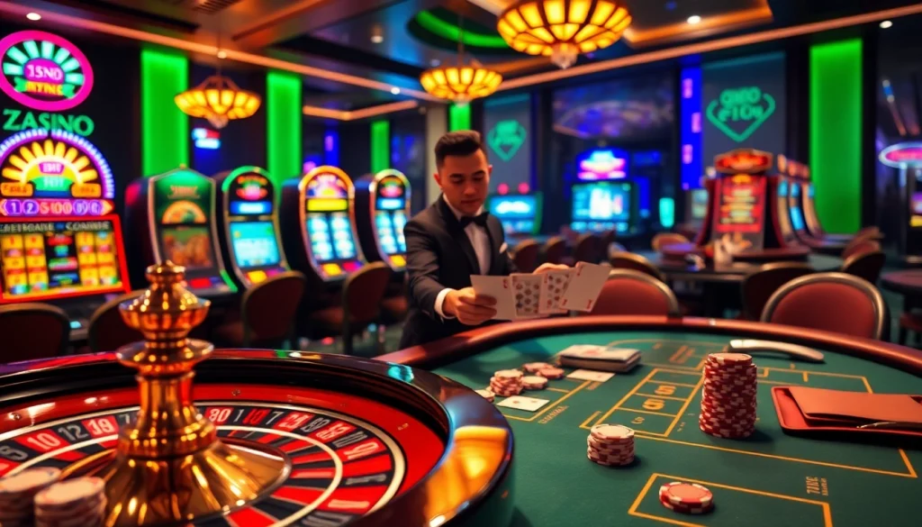 Experience the thrill of gambling at https://lode88.coach/ with a vibrant casino scene featuring poker chips and a roulette wheel.