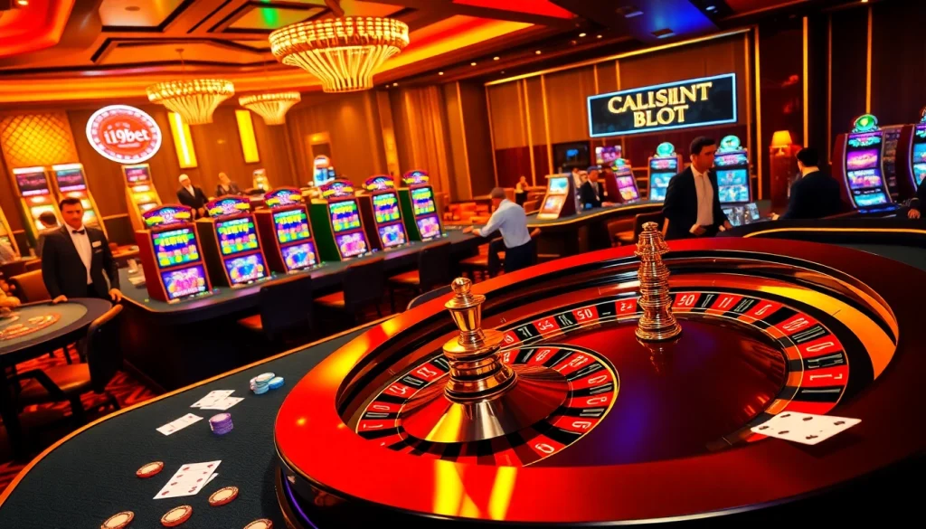 Experience the excitement of gambling at i9bet.space, featuring lively casino tables and a roulette wheel.