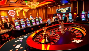 Experience the excitement of gambling at i9bet.space, featuring lively casino tables and a roulette wheel.
