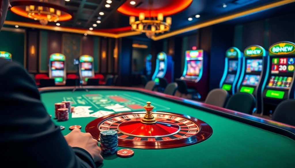 Engaging gaming scene at 888NEW casino with vibrant poker table and roulette wheel.