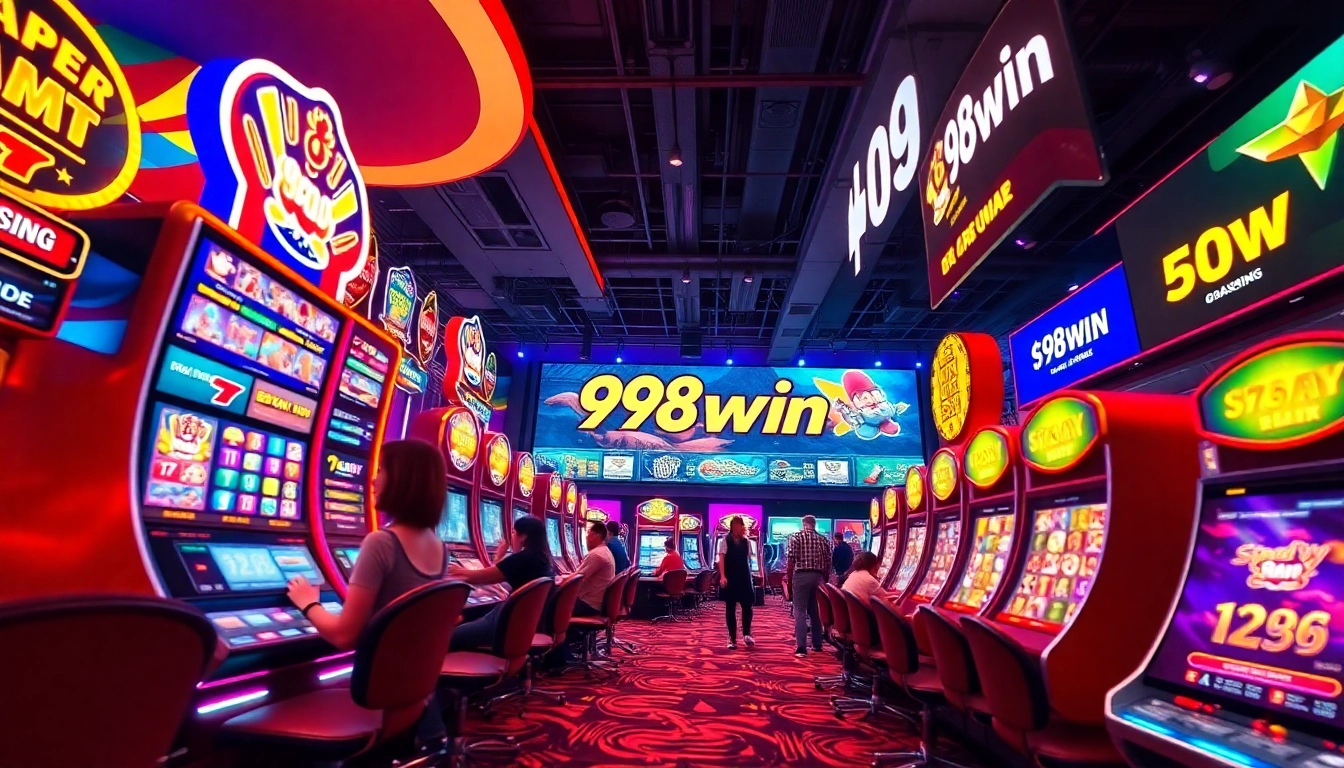 Experience the thrill of 98win's vibrant casino gaming atmosphere, featuring colorful slots and excited players.