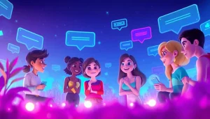 CrushonAI interactive chat with animated characters in a vibrant digital landscape.