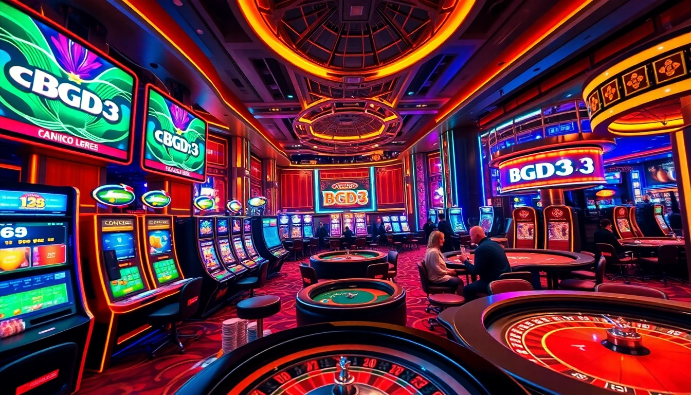 Experience thrilling gameplay with BGD33's vibrant gaming atmosphere featuring slots and poker tables.