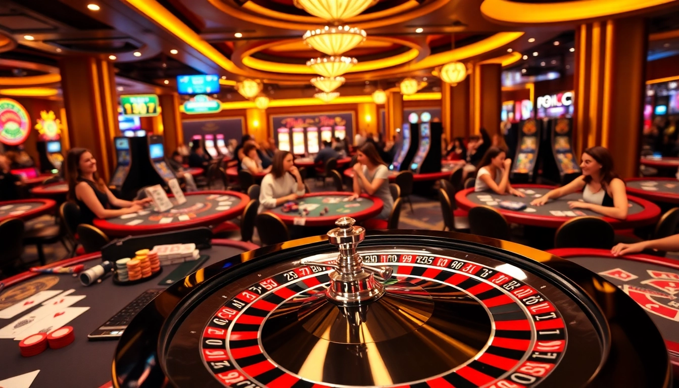 Experience the thrill of winning at F168, featuring a lively casino setting with vibrant roulette and poker tables.