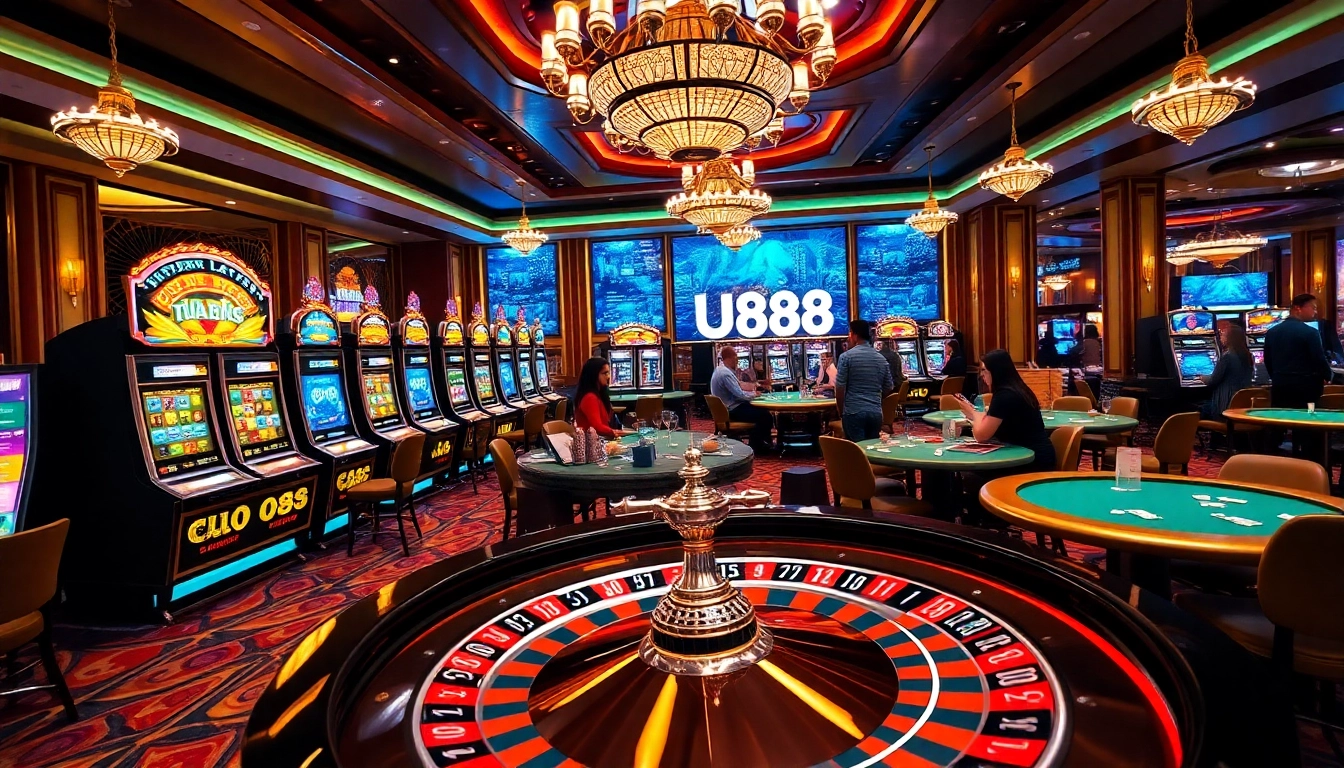UU88 casino scene with lively gambling activities and luxurious decor.