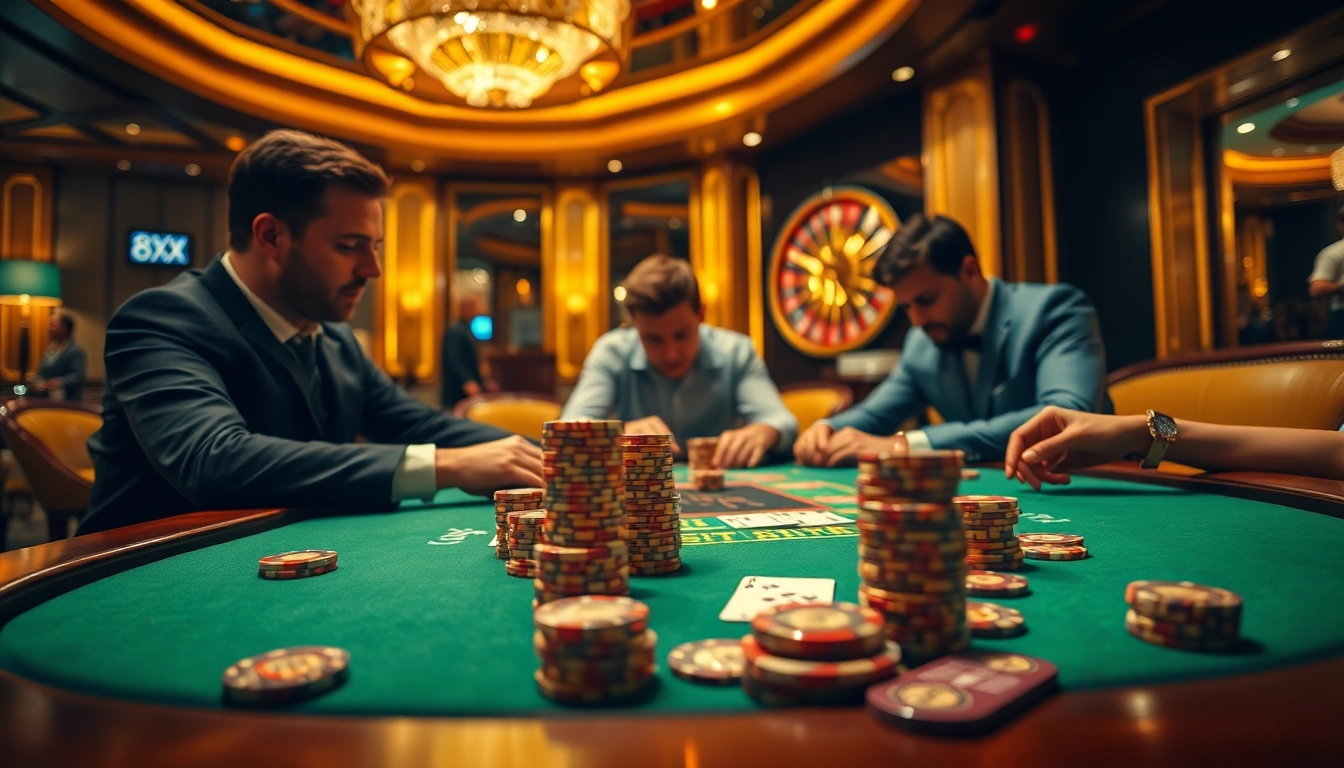 Experience intense poker action at 8XX's luxurious casino tables with vibrant chips and cards.