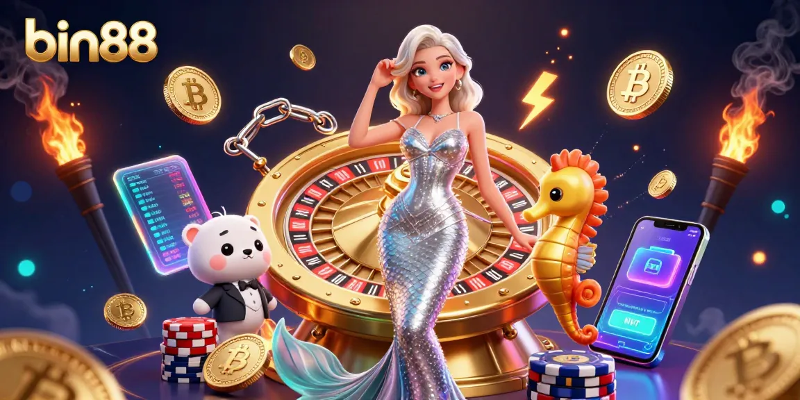 Experience thrilling gameplay at bin88 with immersive casino visuals and vibrant crypto elements.