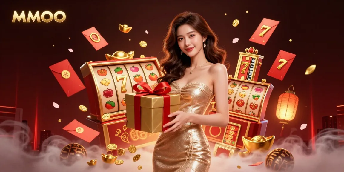 Spin the reels with MMOO in a vibrant Lunar New Year casino scene filled with festive energies.