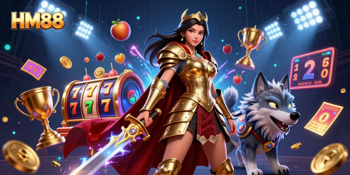 Engage in thrilling gameplay at HM88 with vibrant slot reels and energetic characters.