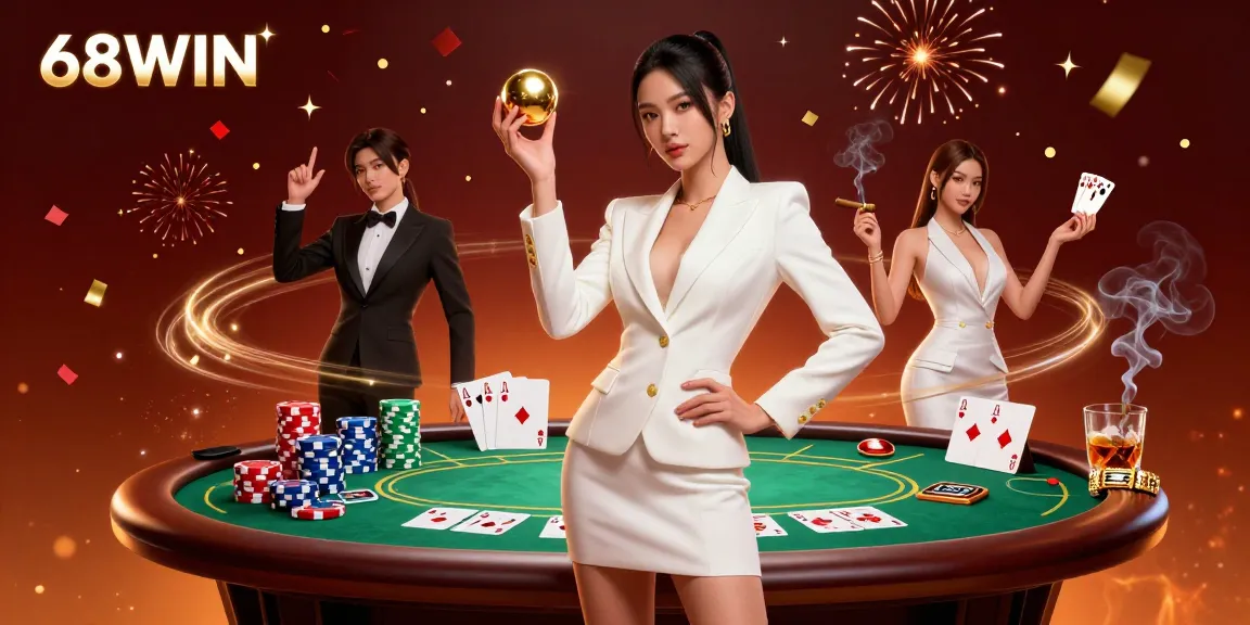 Experience the excitement of 68WIN, featuring vibrant casino elements and dynamic poker action in a lively atmosphere.