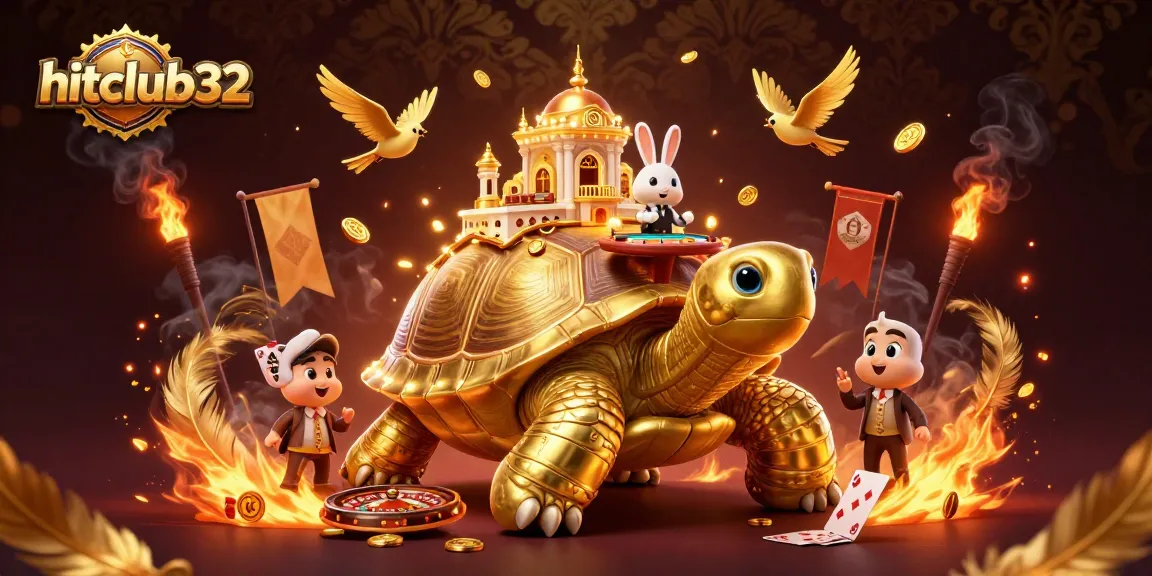 Join the exciting gameplay at hitclub32 with a vibrant rabbit dealer amidst a golden casino scene.