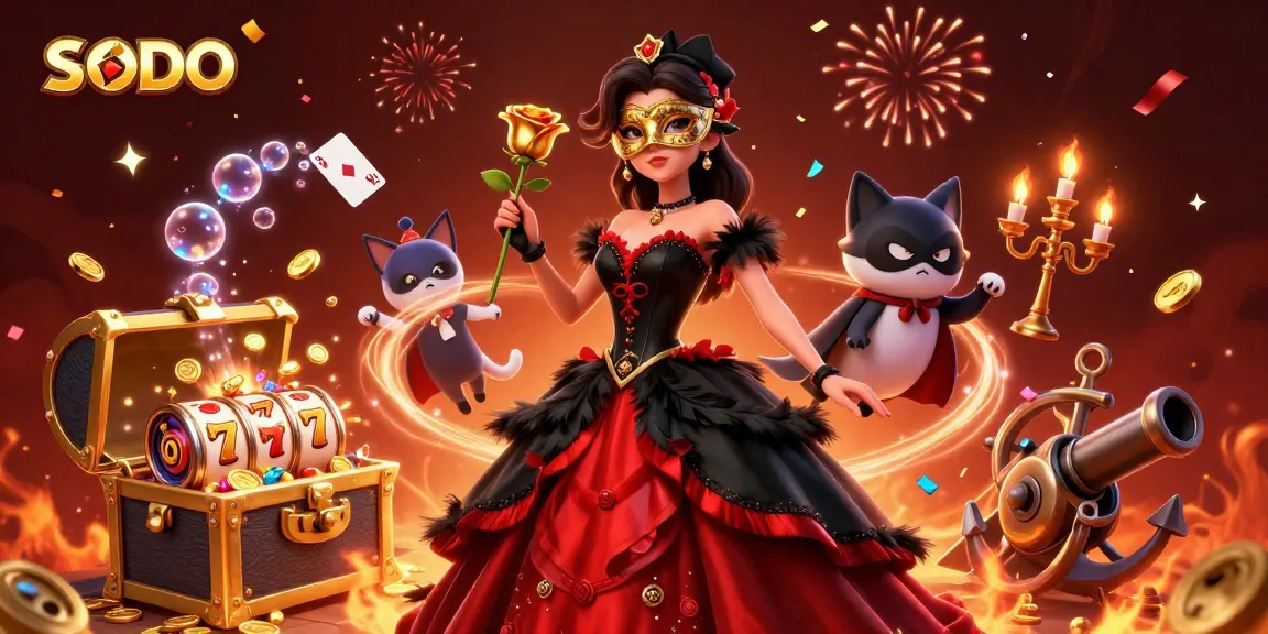 SODO casino scene featuring a woman in a ballroom gown surrounded by gold coins and slot reels.