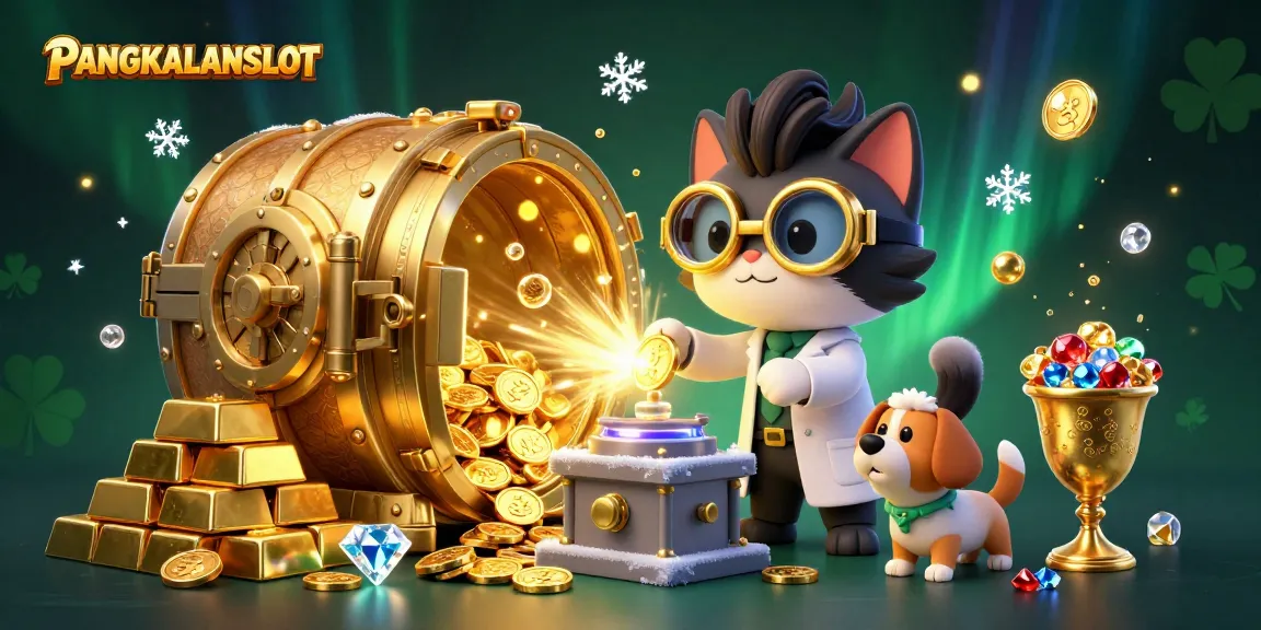 PANGKALANSLOT showcases a vibrant 3D scene of a mad scientist cat and dog in a casino-themed lab, surrounded by gold and jewels.