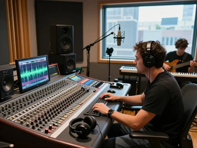 Audio engineer using da88 digital multitrack recorder in a studio.