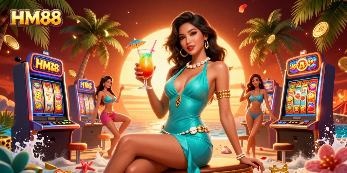 Experience thrilling fun with HM88, featuring Asian beauty enjoying slots and cocktails at a beach casino.