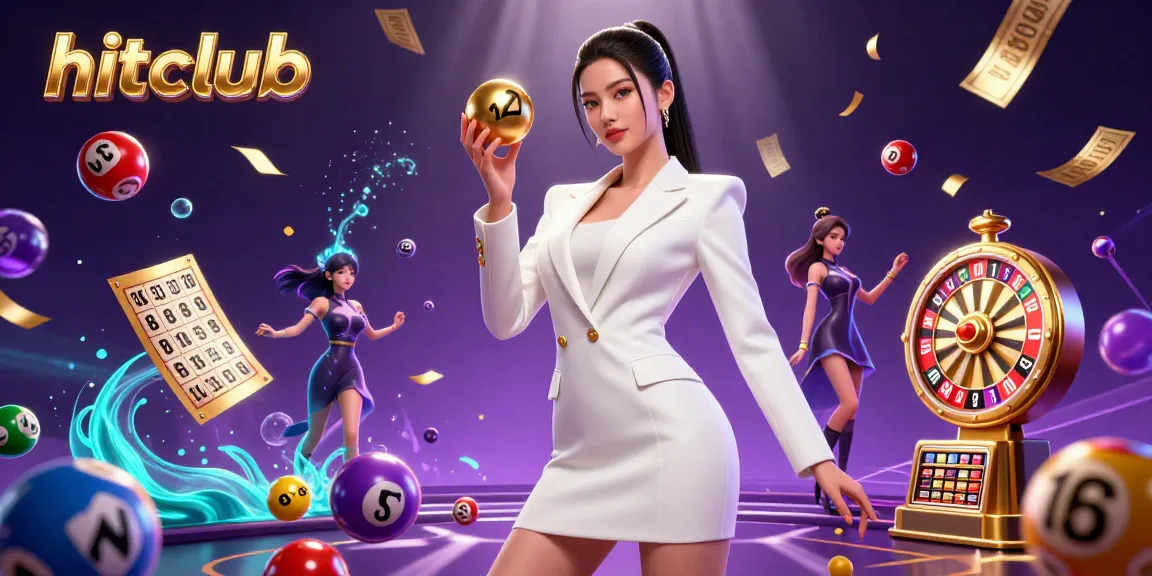 Hitclub showcases exciting gameplay with a confident Asian woman holding a roulette ball, surrounded by vibrant game elements.