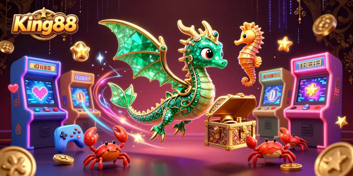 Experience King88's vibrant casino world featuring a lush sea dragon, dynamic game machines, and rich visuals.