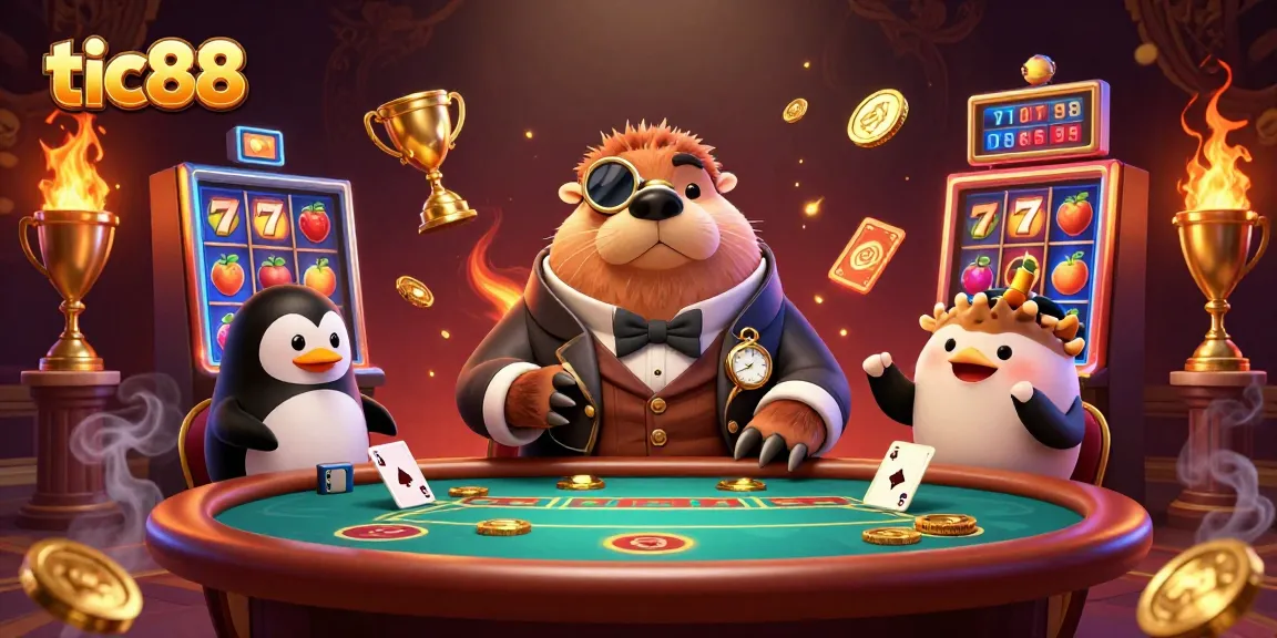 Play slots and win prizes with tic88 featuring fun characters in a vibrant casino scene.