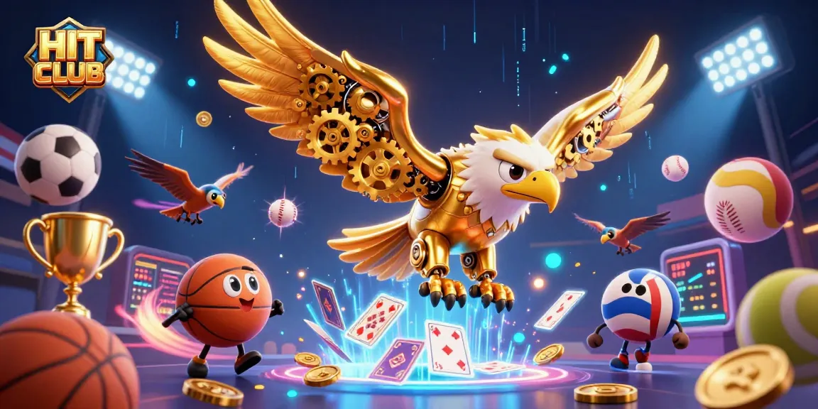 HIT CLUB showcases a thrilling 3D scene of golden eagles and dynamic sports elements, enhancing your gaming excitement.