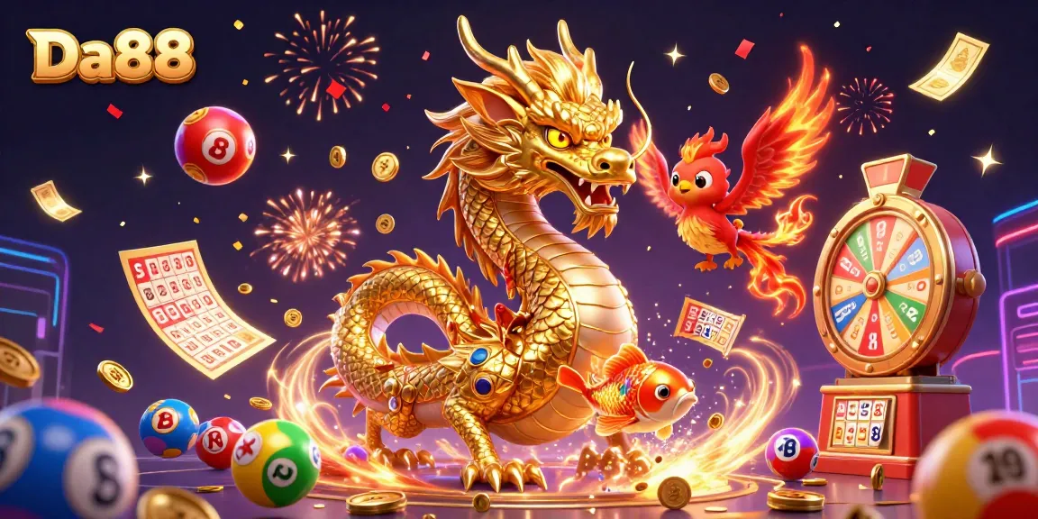 Engage in thrilling luck with Da88: a vibrant 3D illustration featuring a dragon, phoenix, and koi fish.