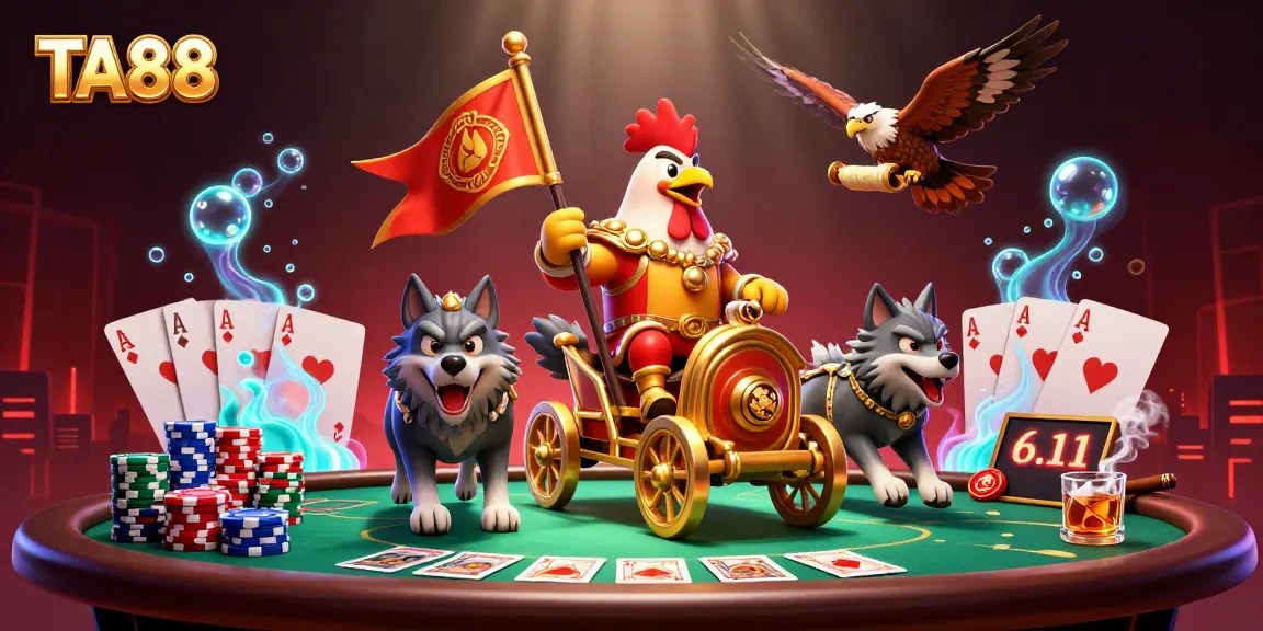 TA88 illustrates thrilling casino adventures with a cartoon rooster warlord leading poker action.