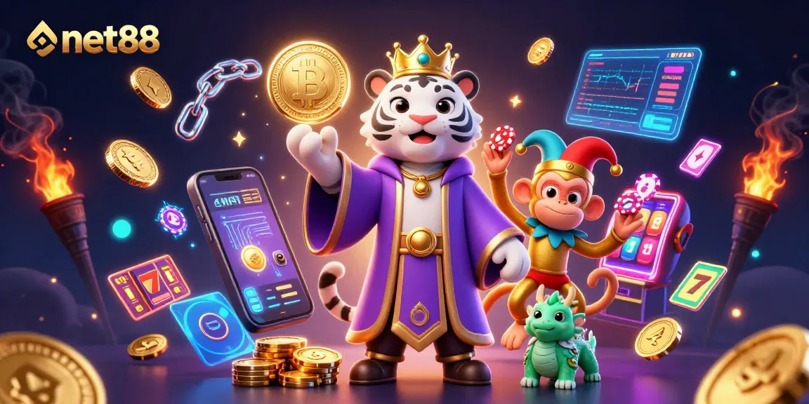 Experience net88 with a vibrant 3D scene featuring a royal tiger and a playful monkey in a casino atmosphere.