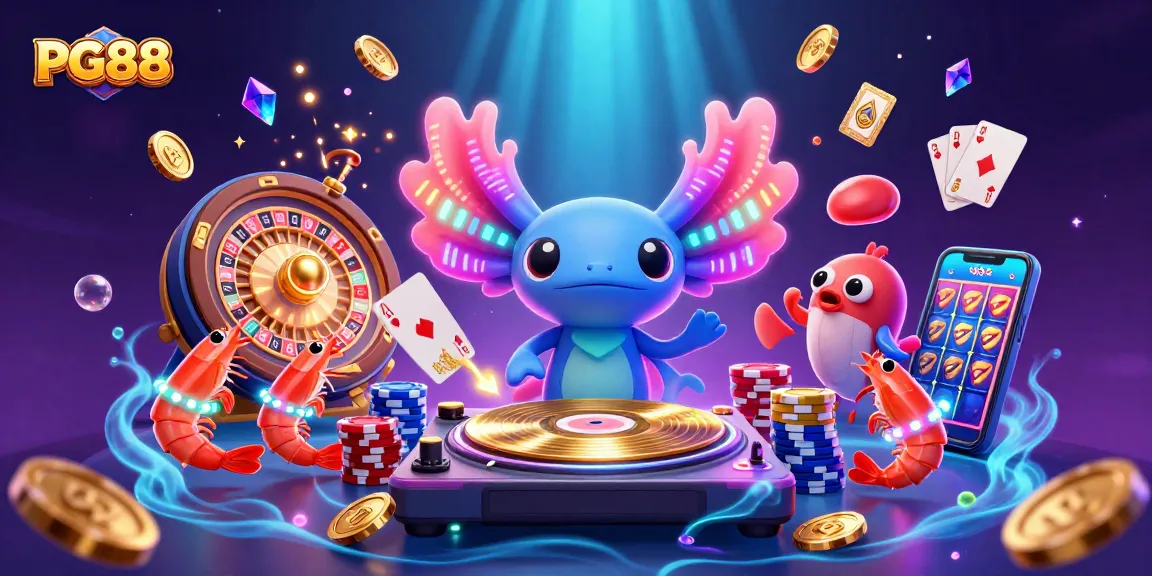 Experience the vibrant energy of PG88 with a neon-colored axolotl DJ and lively casino-themed elements.