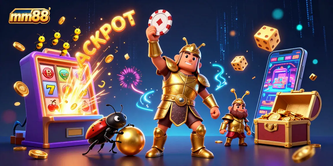 Experience the thrill of mm88 with cartoon heroes celebrating a jackpot amidst casino game elements.