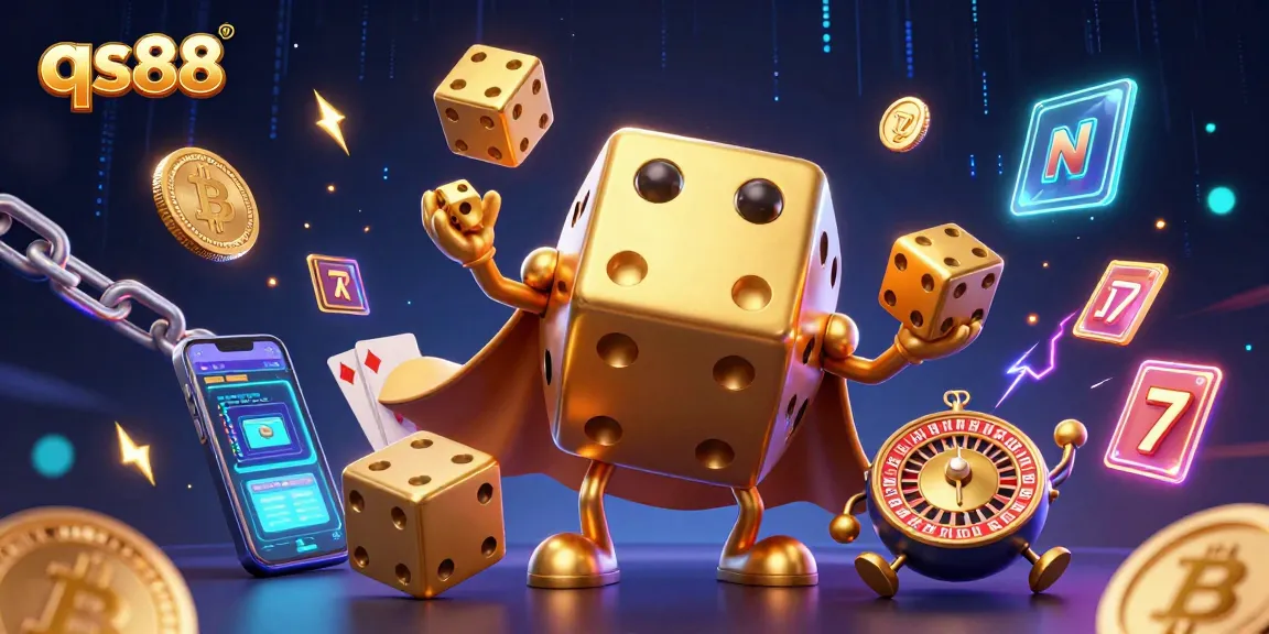 Engage with qs88's vibrant online casino experience featuring golden dice and crypto elements.