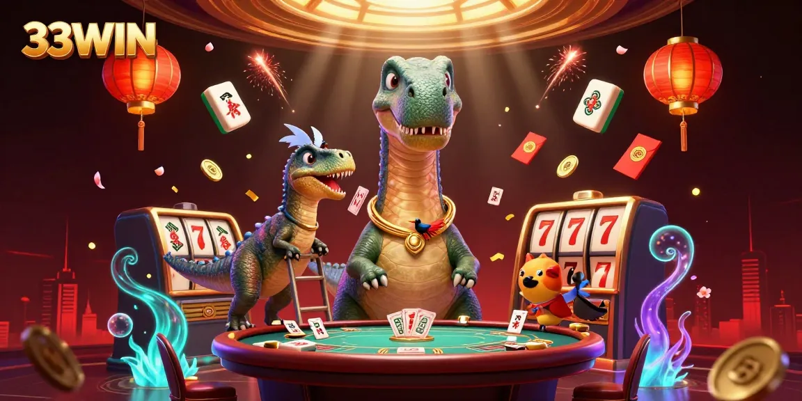 33WIN showcases an exciting casino scene with a brontosaurus and raptor engaging in gaming activities.