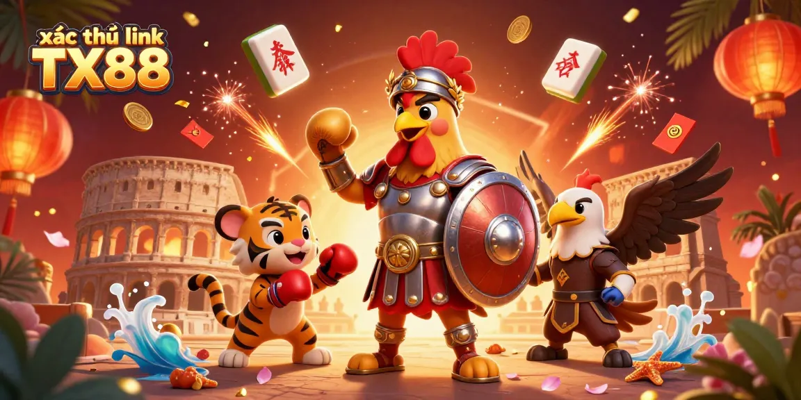 xác thực link TX88 captures the lively casino spirit with a gladiator rooster and sparring tiger in a vibrant arena.