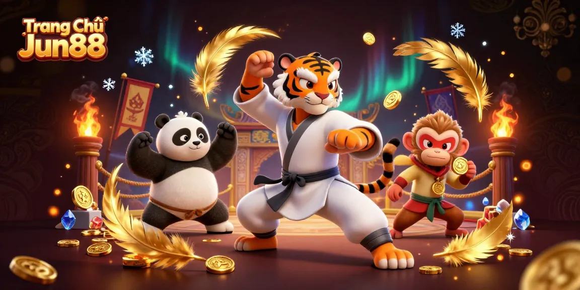 Engage with exciting games at Trang Chủ Jun88 while the kung fu tiger performs expert moves amid gold coins.