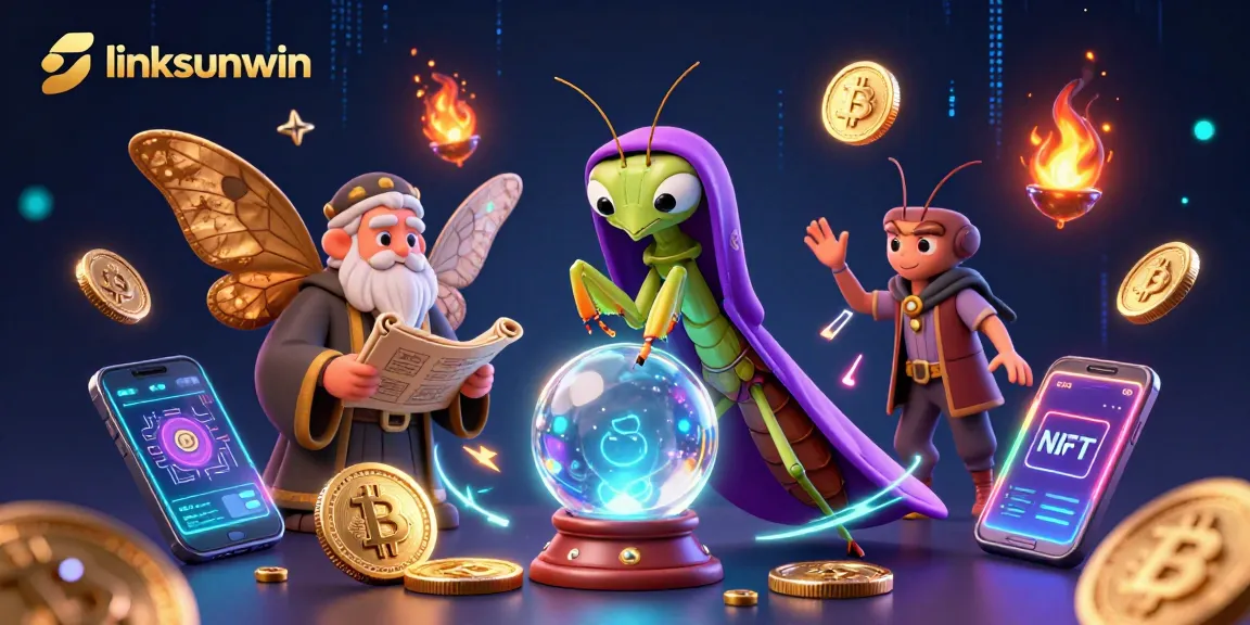 Engage with linksunwin's thrilling fortune-telling scene featuring vibrant crypto elements.