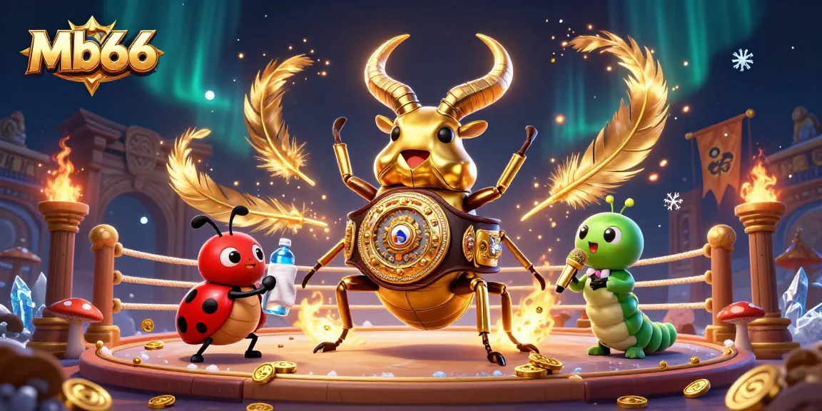 Engage with Mb66's thrilling casino world featuring a giant stag beetle champion, vibrant gambling elements, and an energetic atmosphere.