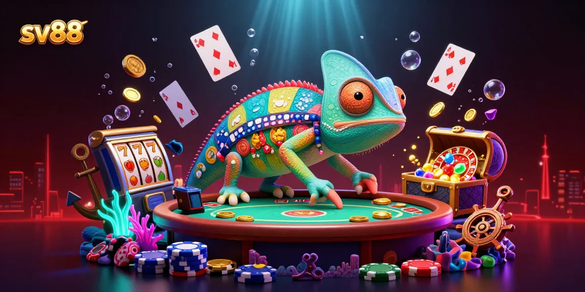 Interactive sv88 chameleon casino scene with roulette, poker elements, and colorful underwater treasures.