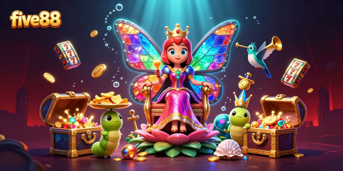 Engage with five88 through vibrant casino-themed illustration featuring a butterfly queen and dynamic slot reels.