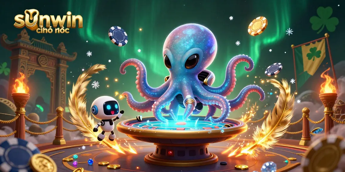Experience excitement at sunwin chính thức with a 3D alien octopus operating a poker table amidst cosmic chaos.